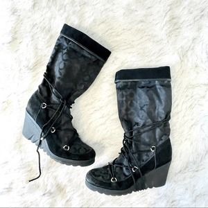 Coach black monogram jacquard Maisy rope tie lace up wedge winter boots Size 9